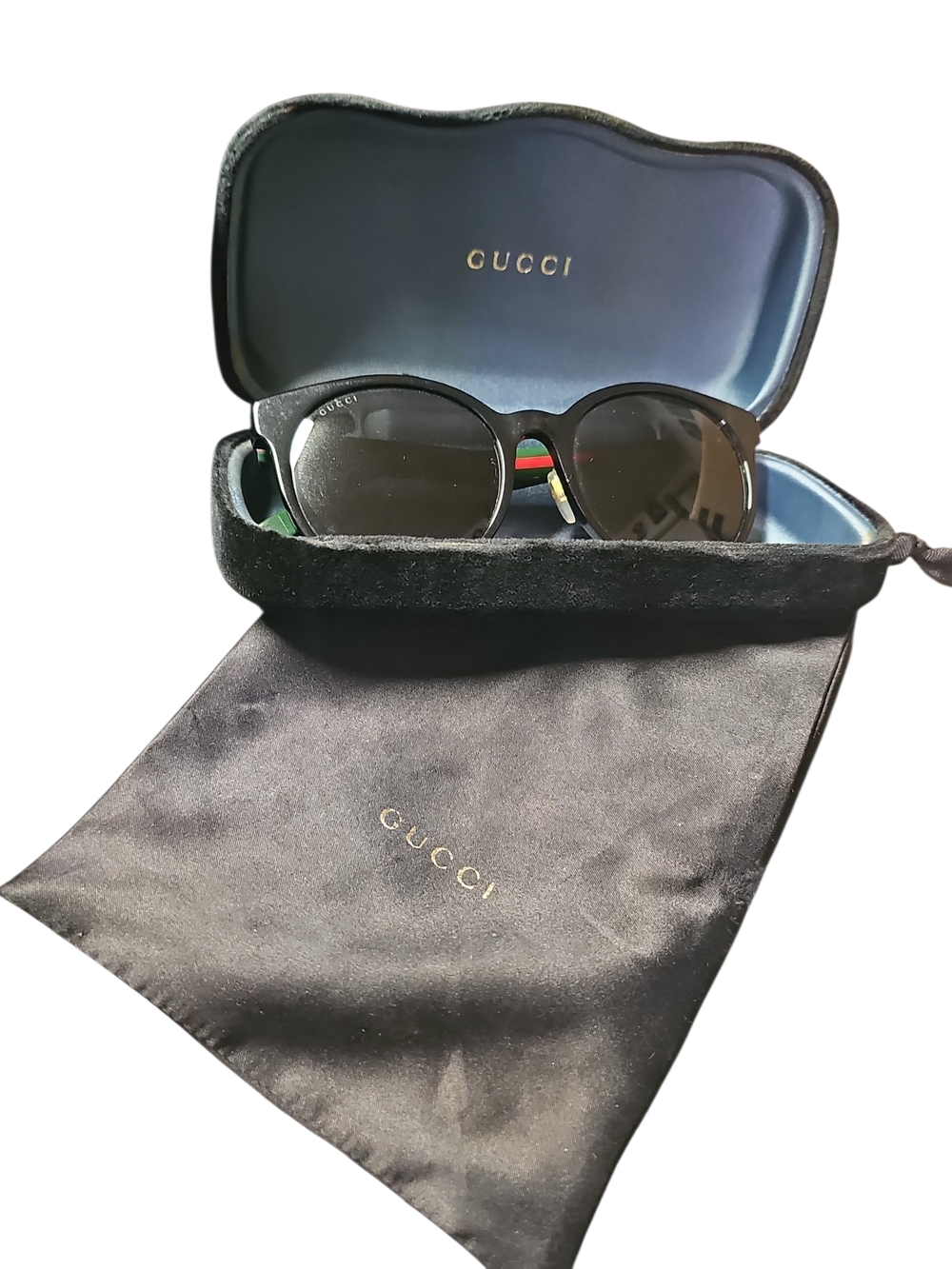 Gucci Black Round Sunglasses with Red and Green Temple Stripe - Women